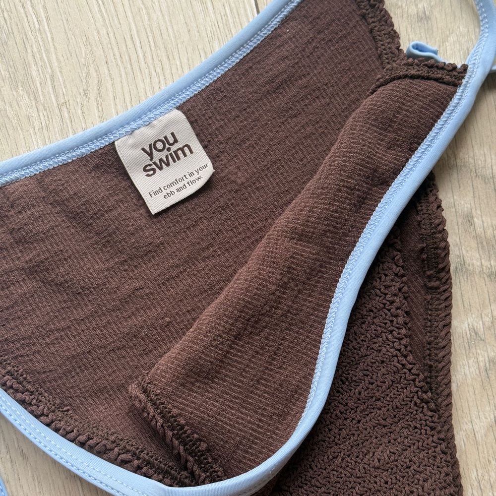 YouSwim brown bottoms with Light Blue Trim